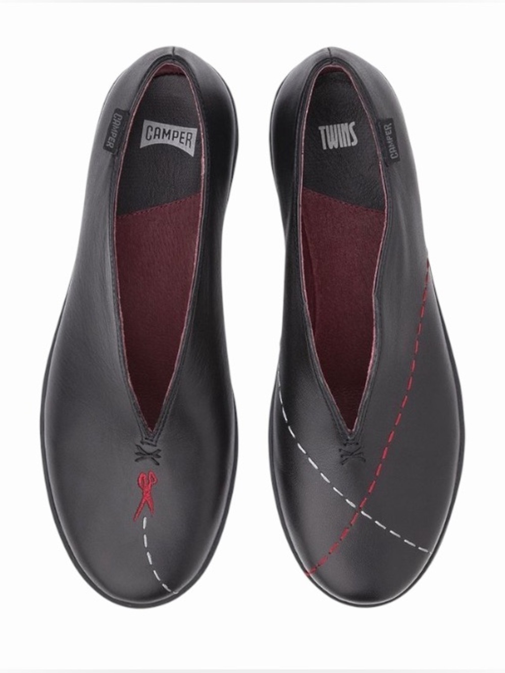 Camper Black Leather Slip-On Flats with Red Stitching
